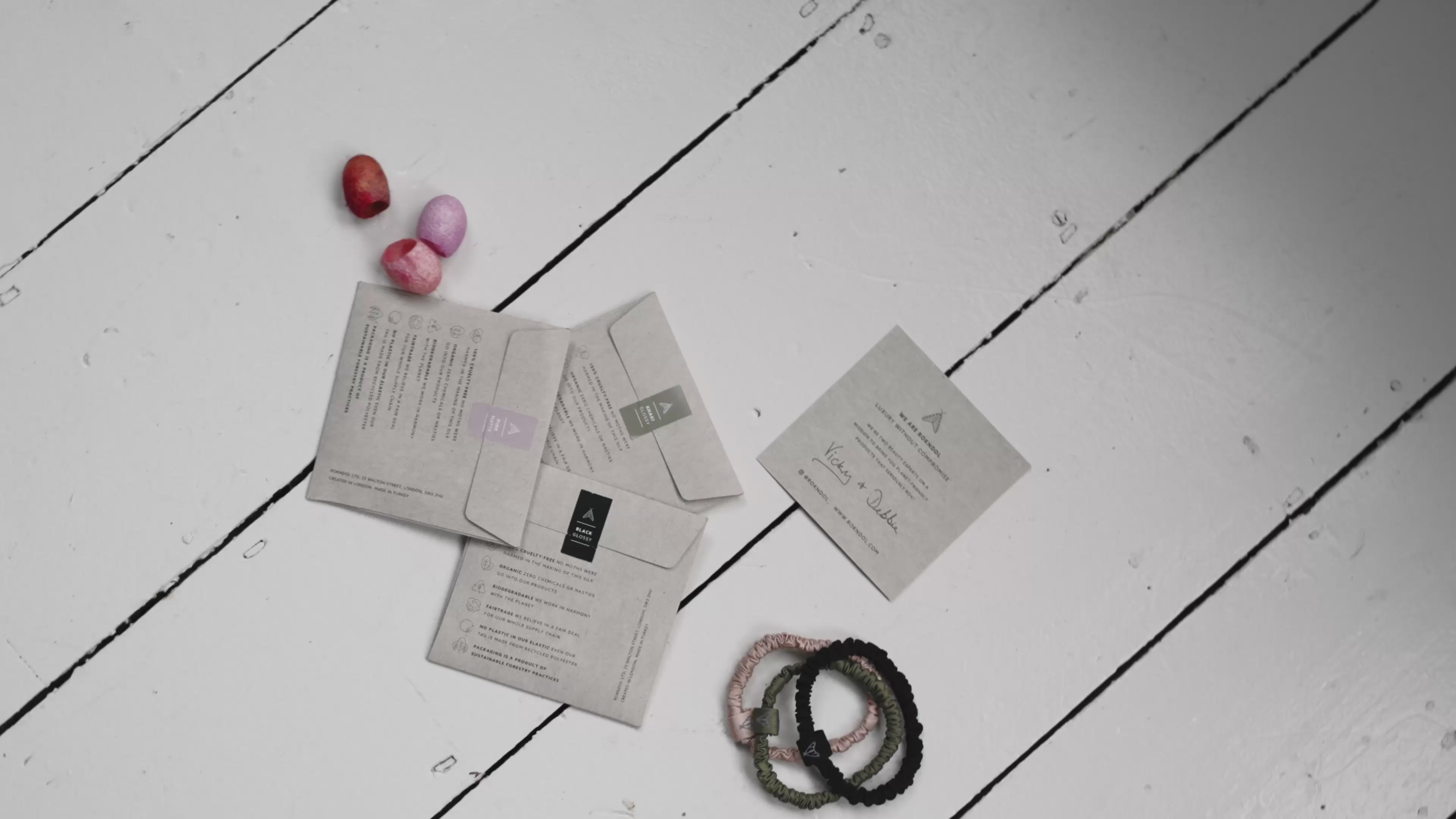 Load video: Ethical silk scrunchies and hair ties with luxury packaging