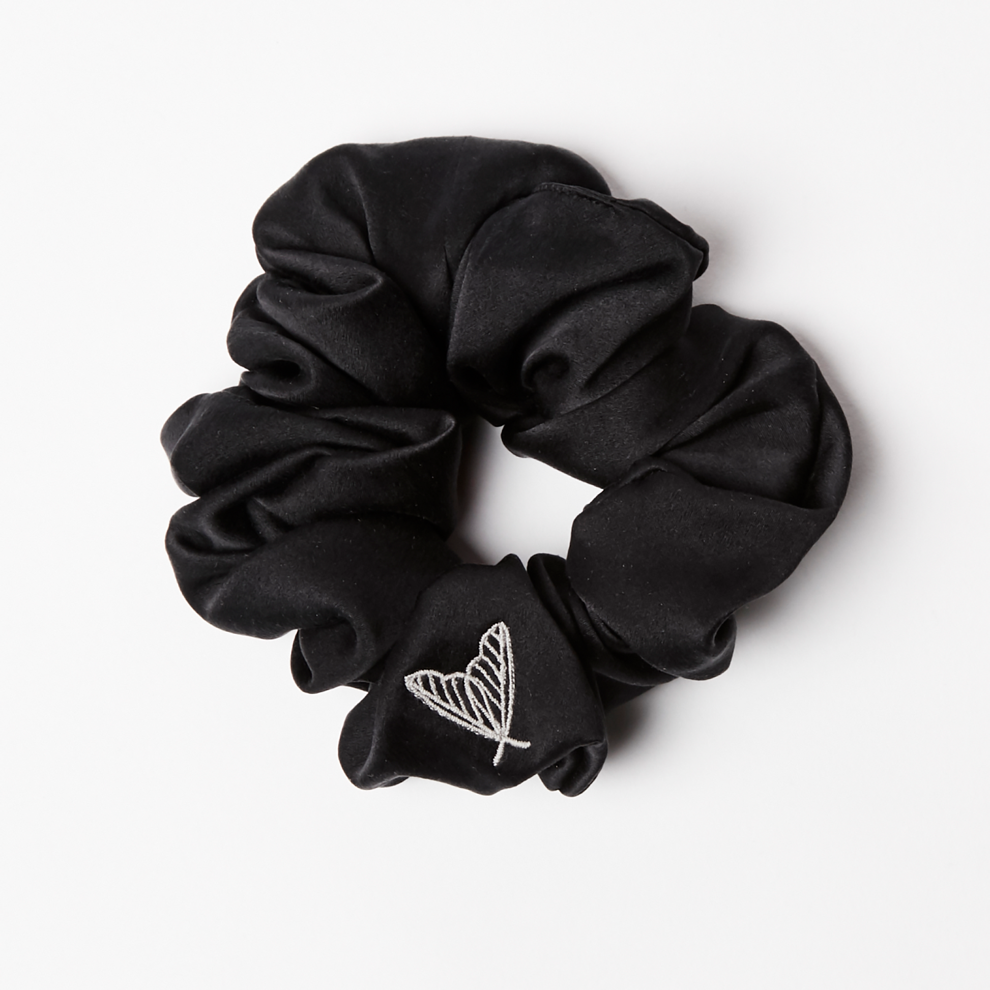 Large black silk scrunchie in glossy black silk satin with ethical silk moth embroidery