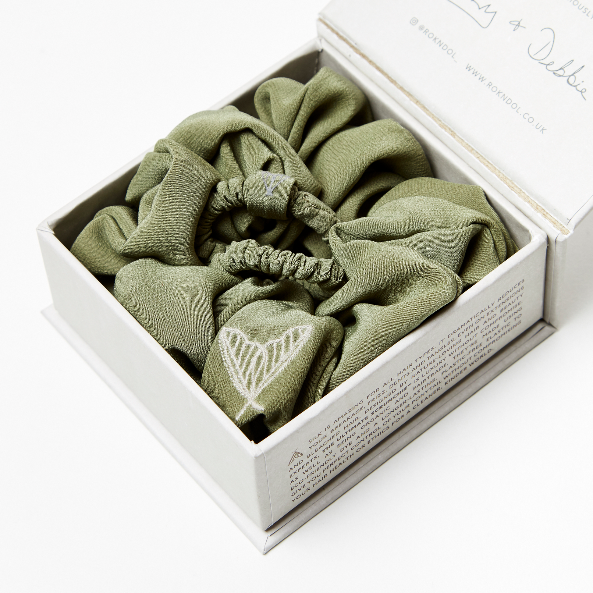 Luxury silk scrunchie and hair tie gift set in matte green peace silk