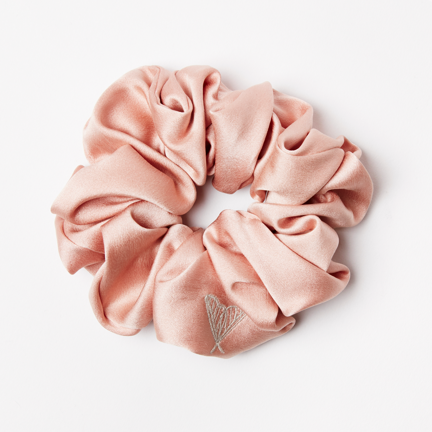 Large pink silk scrunchie in luxury glossy pink silk with ethical moth logo